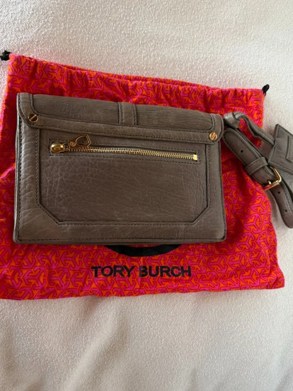 Tory Burch Taupe Gray Pebbled Leather Envelope Wristlet Clutch